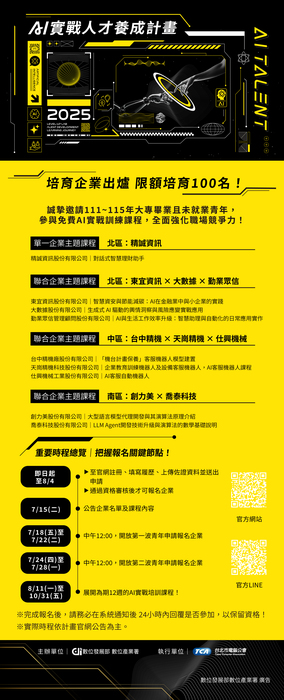 【轉知訊息】📢【AI實戰人才養成計畫】12週企業實戰課程,歡迎111- 115年大專院校以上畢業生報名參加!圖片